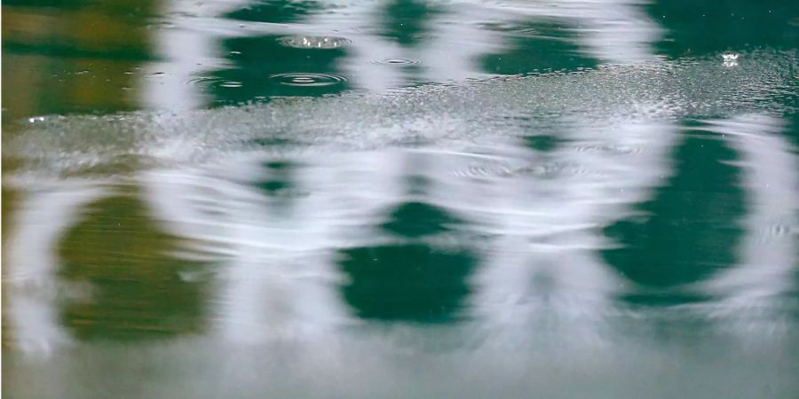 Eine Reflektion der Olympischen Ringe ist in einer Pfütze zu sehen.