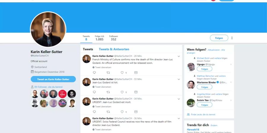 Das Fake-Konto von Bundesrätin Karin Keller-Sutter.