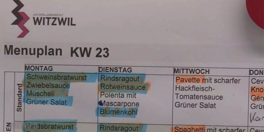 Der Menüplan für KW 23: Montag gabs Schweinsbratwurst mit Zwiebelsauce, am Dienstag Rindsragout an einer Rotweinsauce und am Mittwoch Pavett mit scharfer Hackfleisch-Tomatensauce.