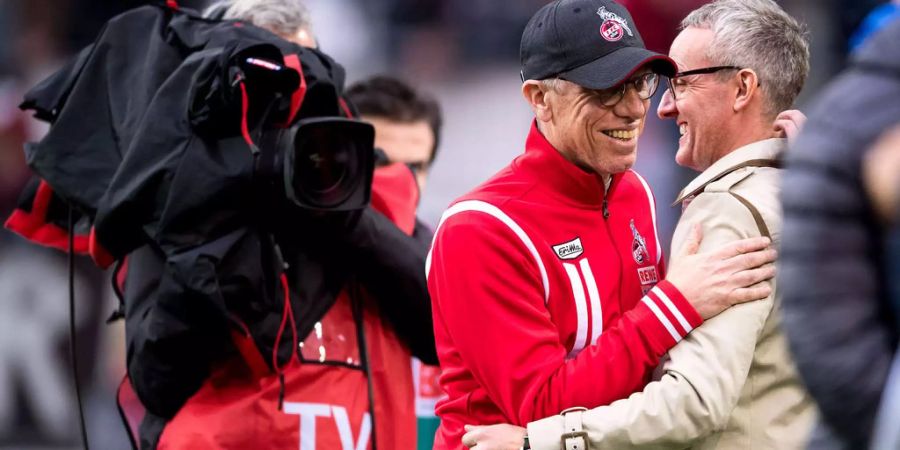 Geschäftsführer Wehrle (r.) hält vorerst noch an Köln-Trainer Stöger (l.) fest.