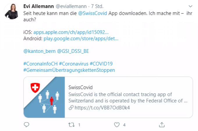 Evi Allemann hat gar die beiden App-Stores für ihre beiden Follower markiert. Coronavirus App SwissCovid