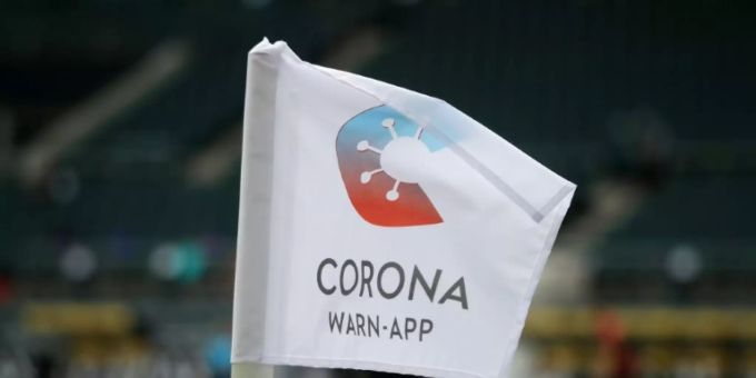 Bandera del logotipo de la aplicación Corona Warning. La aplicación Corona advierte