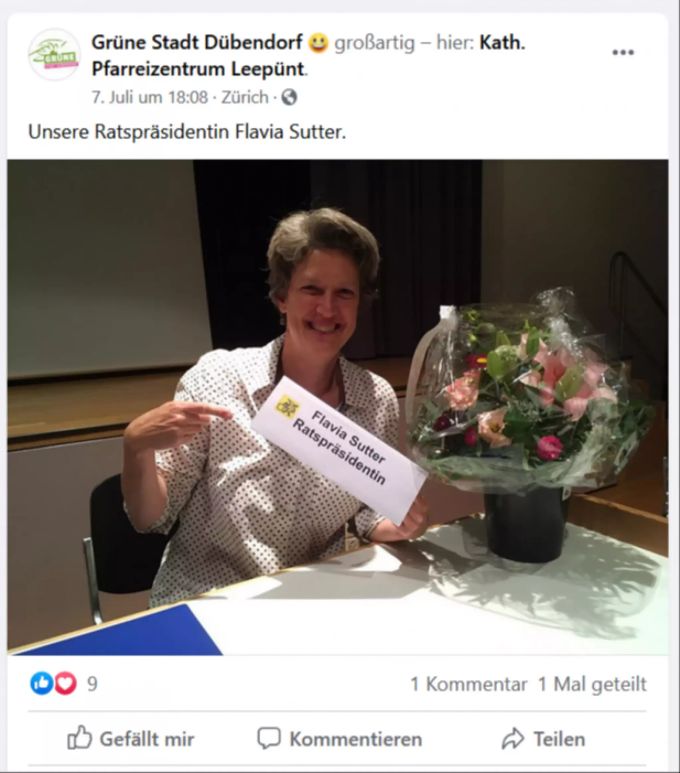 Die Grünen Dübendorf freuen sich auf den sozialen Netzwerken über das neue Amt von Flavia Sutter. Flavia Sutter, Grüne Dübendorf