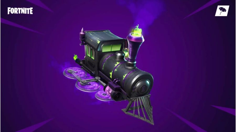 Der Finsterzug Hängegleiter aus Fortnite sieht wie eine violett schwarze Lokomotive aus.