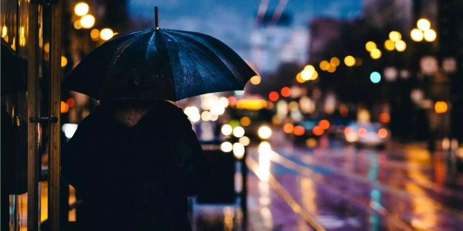 Eine Person schützt sich mit einem dunklen Schirm vor dem Regen.