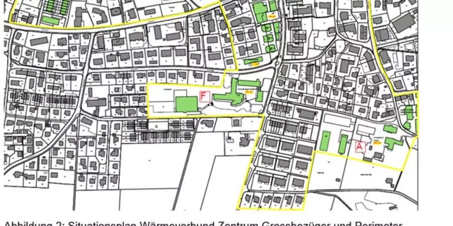 Situationsplan Wärmeverbund Zentrum Grossbezüger und Perimeter