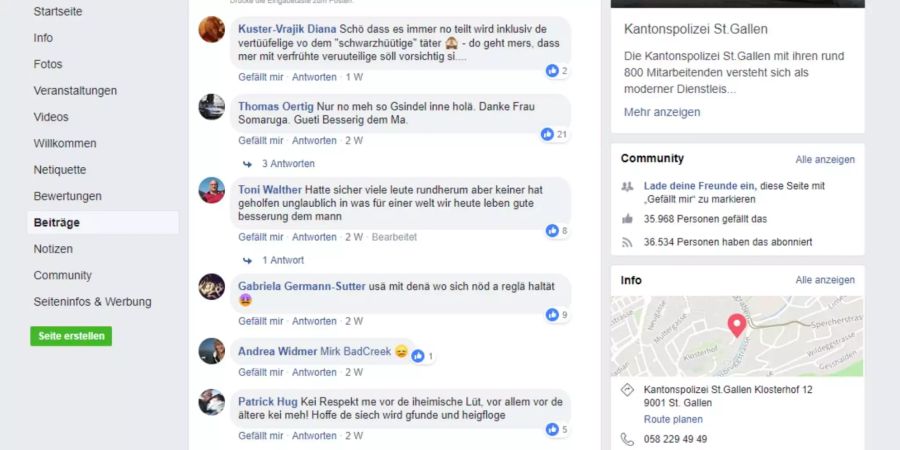 Kommentare auf der Facebook-Seite der Kantonspolizei St.Gallen.