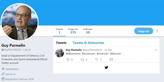 So präsentiert sich der falsche Guy Parmelin aktuell noch auf Twitter. Die Löschung des gefälschten Accounts ist beantragt. So präsentiert sich der falsche Guy Parmelin aktuell noch auf Twitter. Die Löschung des gefälschten Accounts ist beantragt.