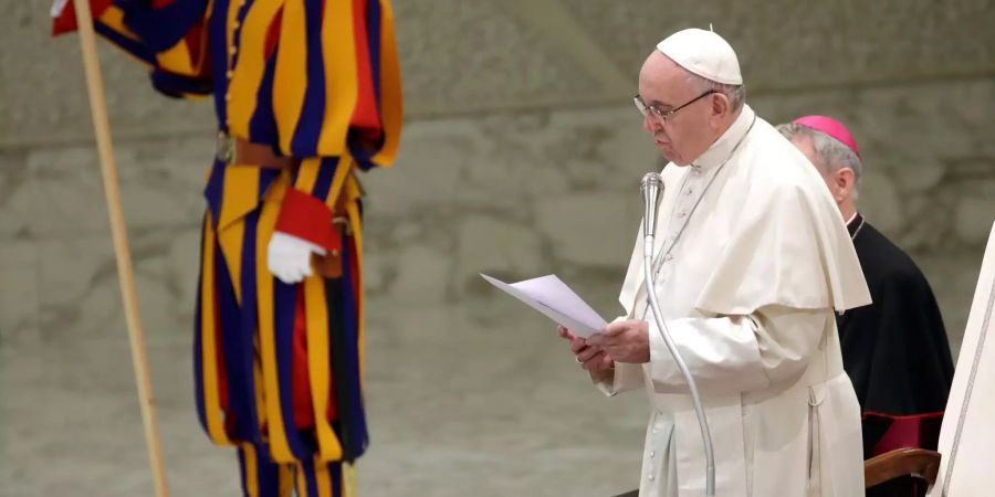 Papst Franziskus spricht bei einer Audienz im Vatikan.