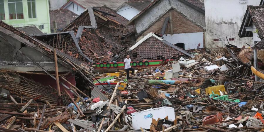 Ein betrachtet die Schäden in einem durch den Tsunami zerstörten Dorf.