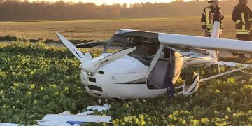 Ein beschädigtes Leichtflugzeug liegt auf einem Acker.