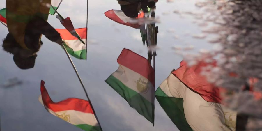 Reflektion einer Pfütze in der iranische Fahnen zu sehen sind.