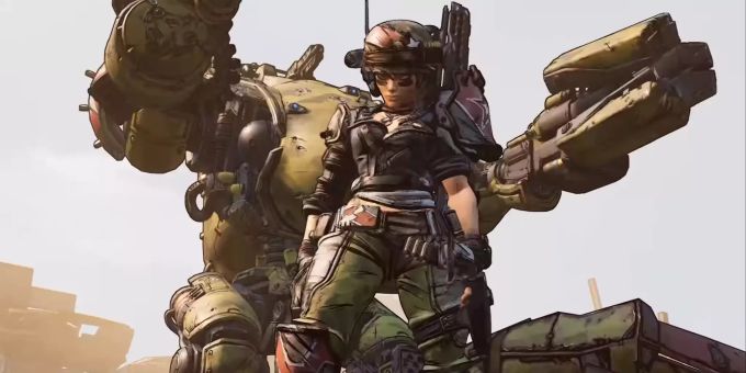 Die Waffenspezialistin Moze ruft einen Kampf-Mech mit erhöhter Feuerkraft herbei. Wie man im Trailer sieht, können sich andere Spieler an den Geschützturm auf dem Mech setzen. Borderlands 3 Screenshot