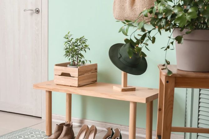 Flur mit Regalen, Pflanzen und Schuhen