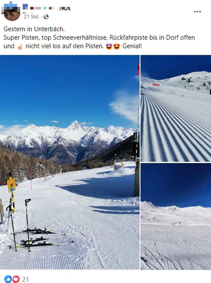 Auch in Unterbäch VS schwärmen Skifahrer von «top Schneeverhältnissen». Und auf der Piste sei «nicht viel los».