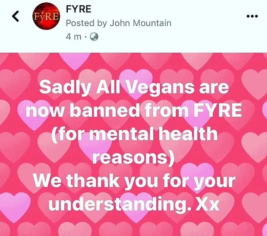 «Leider sind alle Veganer von Fyre verbannt (aus Gründen der mentalen Gesundheit). Wir danken Ihnen für Ihr Verständnis», schreibt Koch Mountain auf der Facebook-Seite seiner Beiz.