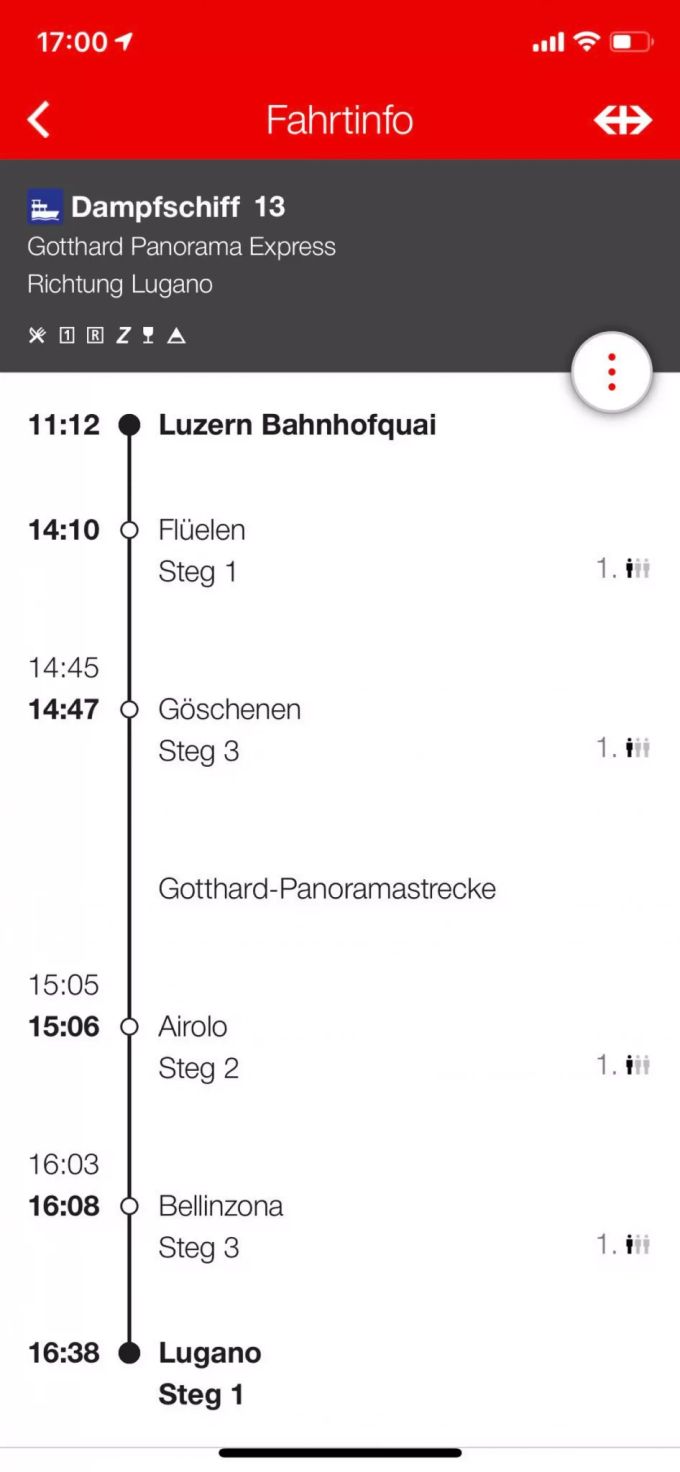 Der Gotthard-Panorama-Express wird in der SBB App als Schiff angezeigt. SBB