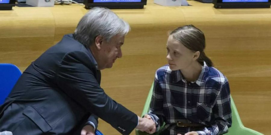 UN-Generalsekretär Antonio Guterres und Greta Thunberg während des UN-Jugendklimagipfels in New York. Foto: Eduardo Munoz Alvarez/FRE171643 AP