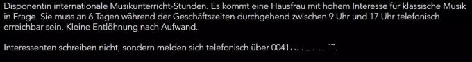 Buser sucht eine Hausfrau mit Interesse für klassische Musik.