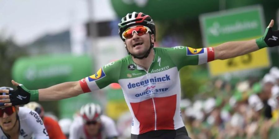 Italiens Sprintstar Elia Viviani will auch in Hamburg wieder jubeln. Foto: Gian Ehrenzeller/KEYSTONE