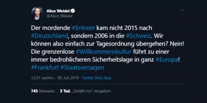Auch AfD-Chefin Alice Weidel sieht im Gleis-Mord in Frankfurt das Problem bei der Migration. Alice Weidel Frankfurt