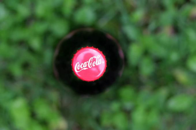 Eine Coca-Cola Flasche steht auf einer Wiese. Coca-Cola