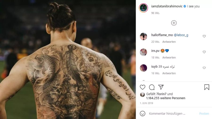 Zlatan Ibrahimovic zeigt sein Löwen-Tattoo auf Instagram.