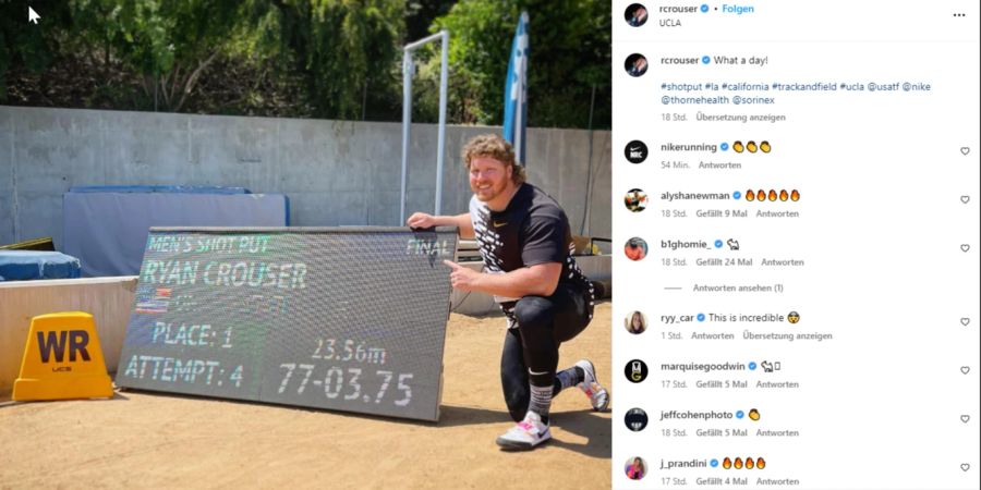 Leichtathletik: Ryan Crouser bricht eigenen Weltrekord.