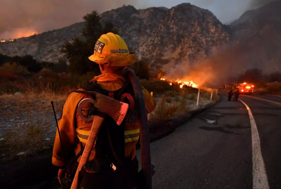 Ein Feuerwehrmann beobachtet einen Waldbrand in der Nähe des Highway 38.