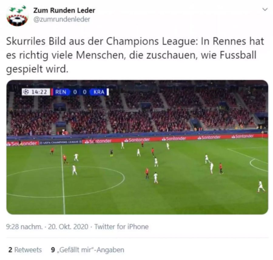 Ein Bild, das auf viel Unverständnis stösst. Dicht beieinander verfolgen in Rennes die Fans das Spiel ihrer Mannschaft in der Champions League.