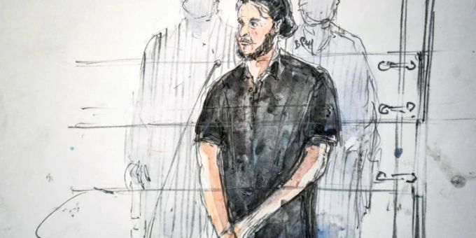 Gerichtszeichnung von Salah Abdeslam. Salah Abdeslam