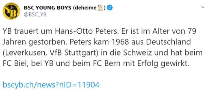 Die Berner Young Boys trauern via Twitter um Hans-Otto Peters. Hans-Otto Peters