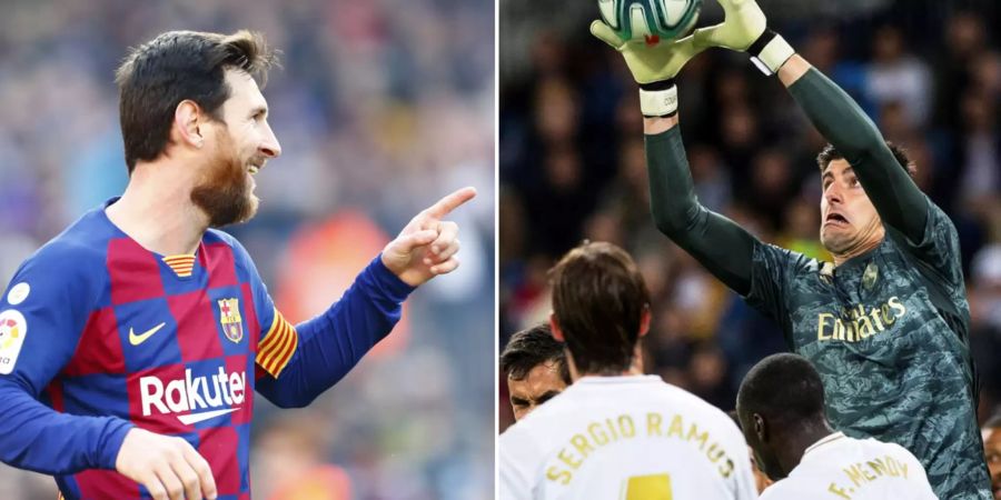 Links: Lionel Messi (FC Barcelona) feiert ein Tor. Rechts: Thibaut Courtois (Real Madrid) hält einen Ball fest.