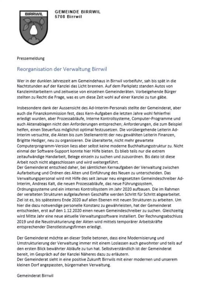 Pressemitteilung des Gemeinderats Birrwil. Schreiben Gemeinderat