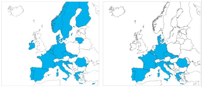Filmgesetz: Die alte (links) und die neue Karte (rechts) der Europa-Übersicht von Ländern, die eine Investitions- oder Abgabepflicht für Streamingdienste kennen. Filmgesetz Karte Abgaben