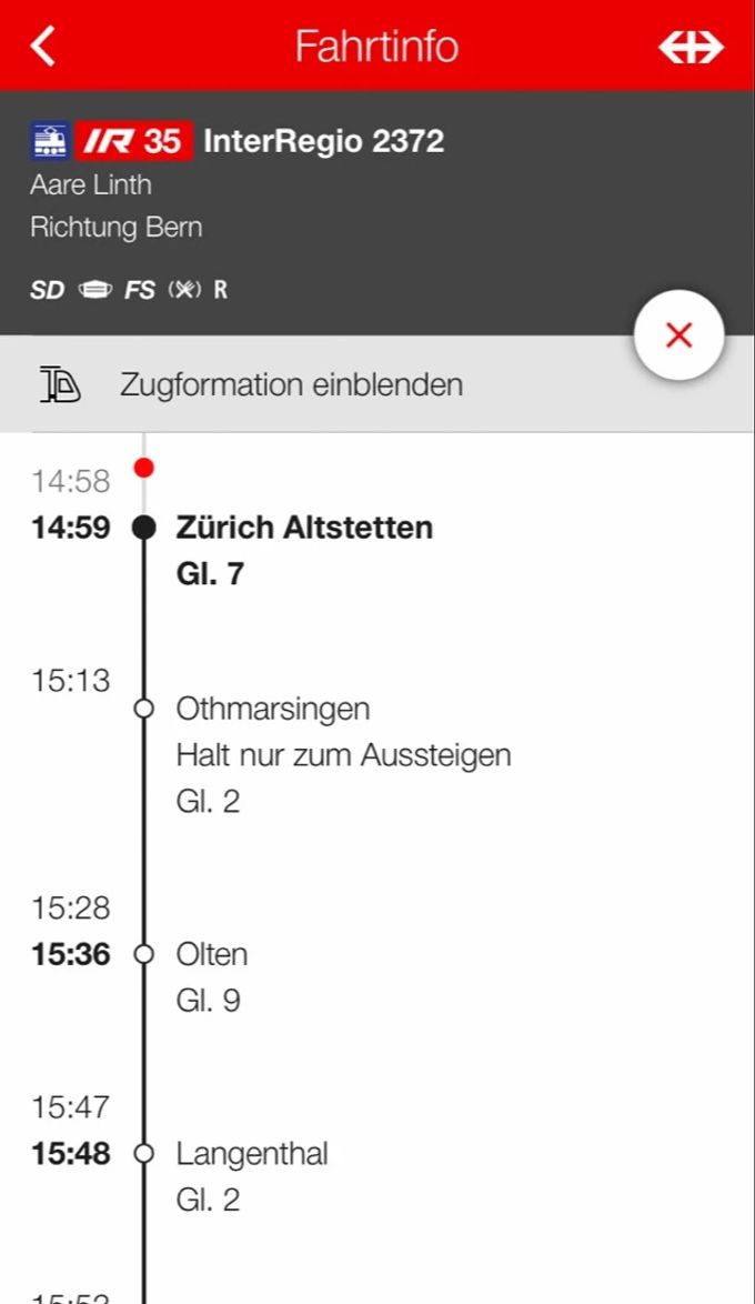 Auf der App der SBB wird am Wochenende bei der Haltestelle Othmarsingen AG ein «Halt nur zum Aussteigen» angezeigt. SBB Anzeige Haltestelle