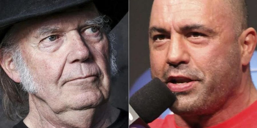 Rockstar Neil Young (l) hat Spotify wegen des Podcasts von Joe Rogan verlassen. Foto: Uncredited/AP/dpa