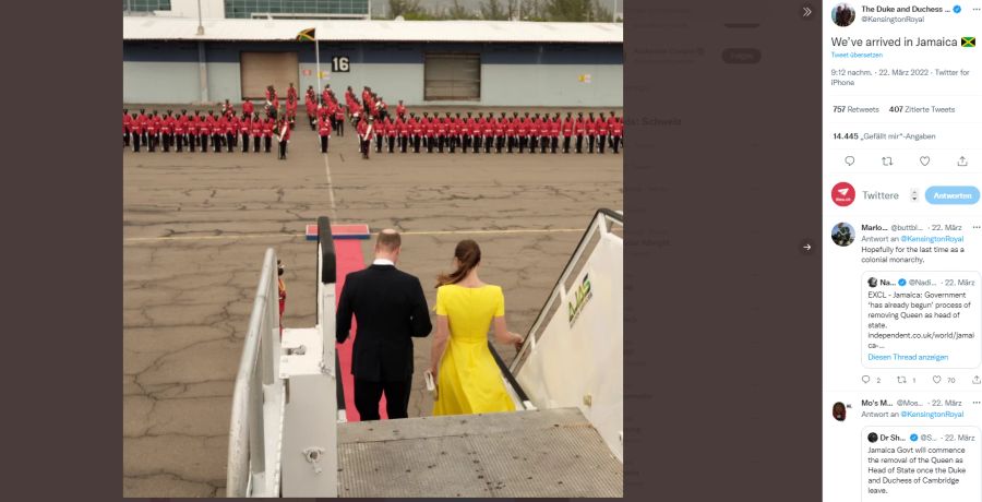 William und Kate landen in Jamaika. Ihre Ankunft sorgt auch für Proteste.