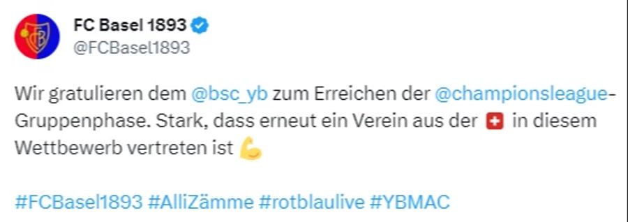 Der FC Basel sendet Gratulationen nach Bern.