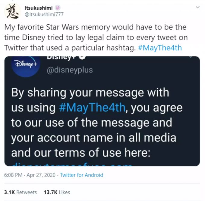 Der Disney Shitstorm kam ins Rollen und brachte Nachrichten wie von diesem Nutzer hervor: «Meine liebste Star Wars-Erinnerung müsste die Zeit sein, als Disney versuchte, auf jeden Tweet auf Twitter, der einen bestimmten Hashtag verwendete, einen Rechtsanspruch zu erheben.» disney shitstorm