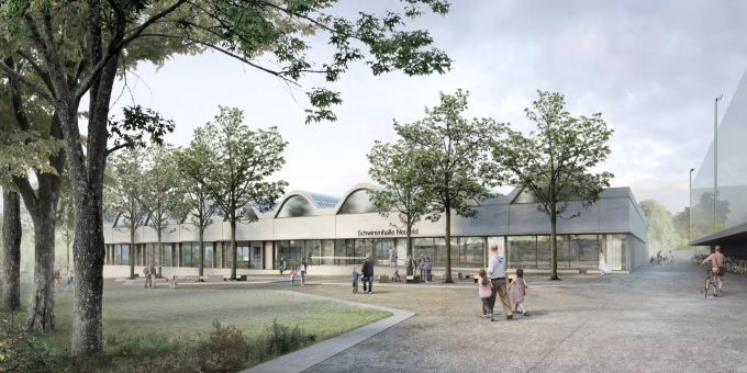 Aussenansicht der 50m-Schwimmhalle.