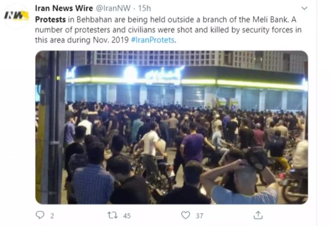 Ein Tweet der «Iran news Wire» betreffend die Proteste in Bahbahas Iran Proteste