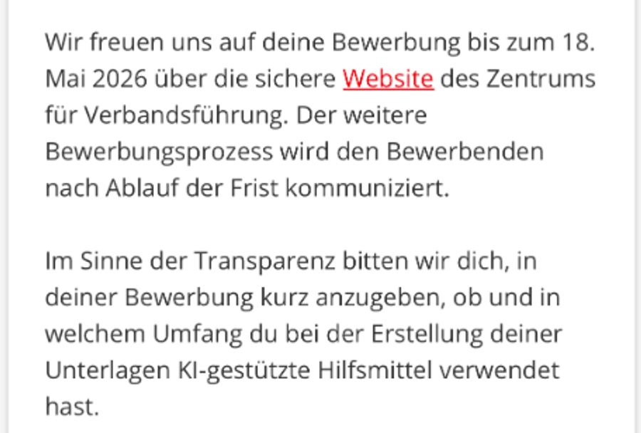 Das Jobinserat bittet die Bewerbenden, «im Sinne der Transparenz» den Einsatz von KI-gestützten Hilfsmitteln anzugeben.