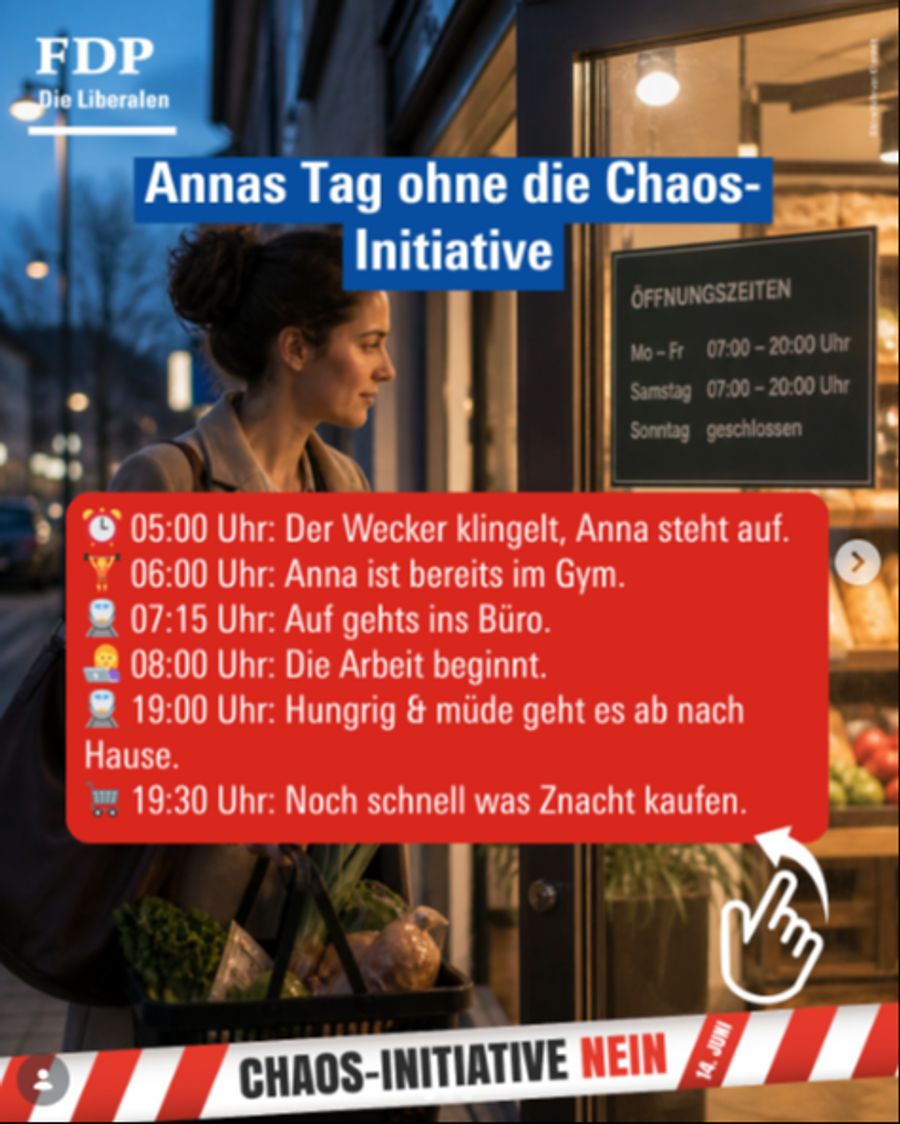Im fiktiven Beispiel der FDP kann Anna um 19.30 Uhr ihr Znacht noch einkaufen gehen.