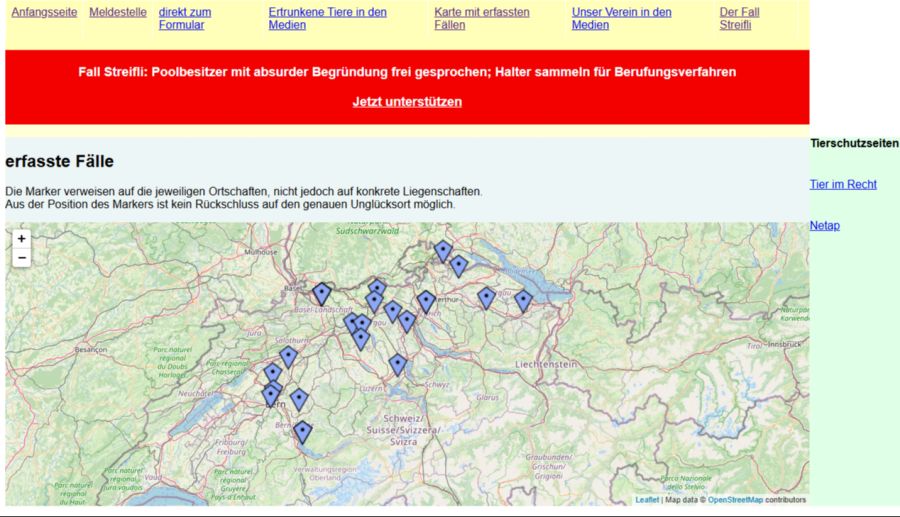 Auf der Website https://verein-tes.ch erfassen die Tierfreunde aus Dietlikon schweizweit Fälle von Tieren, die in Pools ertrunken sind.