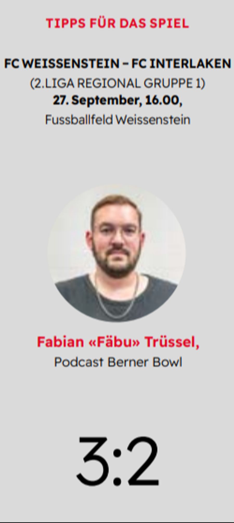 So tippt Fabian Trüssel vom Podcast Berner Bowl die Partie Weissenstein gegen Interlaken kommendes Wochenende.