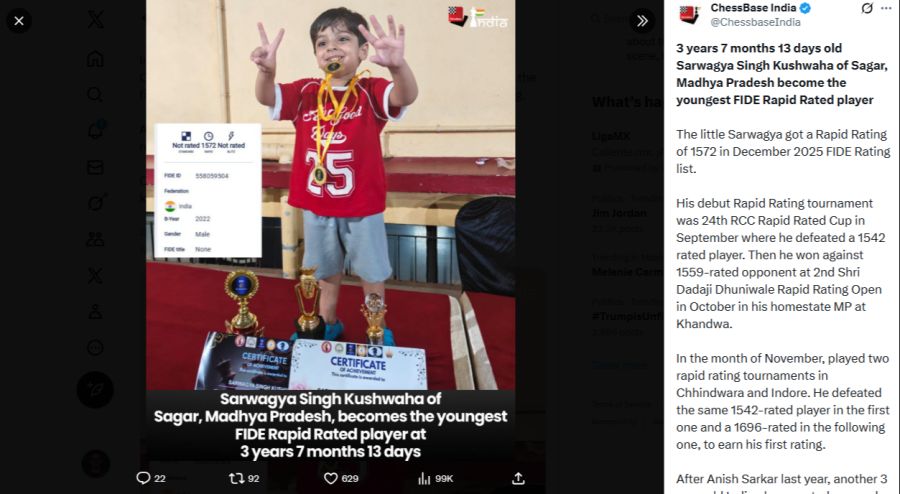 Der Inder Sarwagya Singh Kushwaha hat als jüngster Schachspieler eine Wertungszahl erreicht.