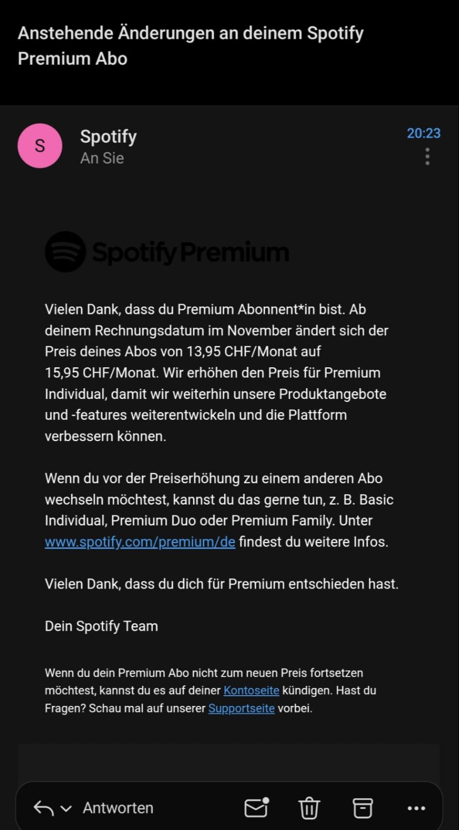So informiert Spotify die Kundschaft über die Preiserhöhung.
