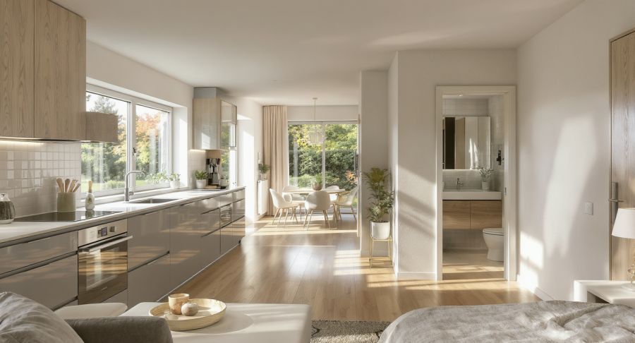 Hauptsache hell: Neben vielen grossen Fenstern ist auch ein offener Grundriss häufig. Hinweis: Dieses Bild entstand durch newhome unter Verwendung von KI.