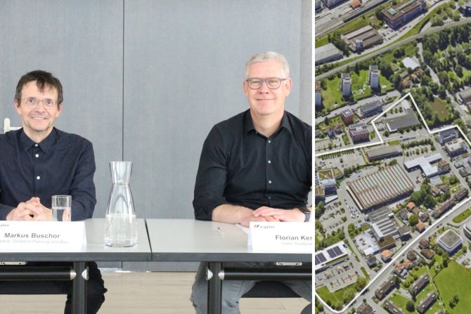 Markus Buschor, Stadtrat und Direktion Planung und Bau sowie Florian Kessler, Leiter Stadtplanung, informierten die Medien über die Gebietsentwicklung Lerchenfeld. Bild: mw